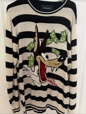 Reason Black & Cream Striped Cartoon Wolf Sweater with Green Money Motif